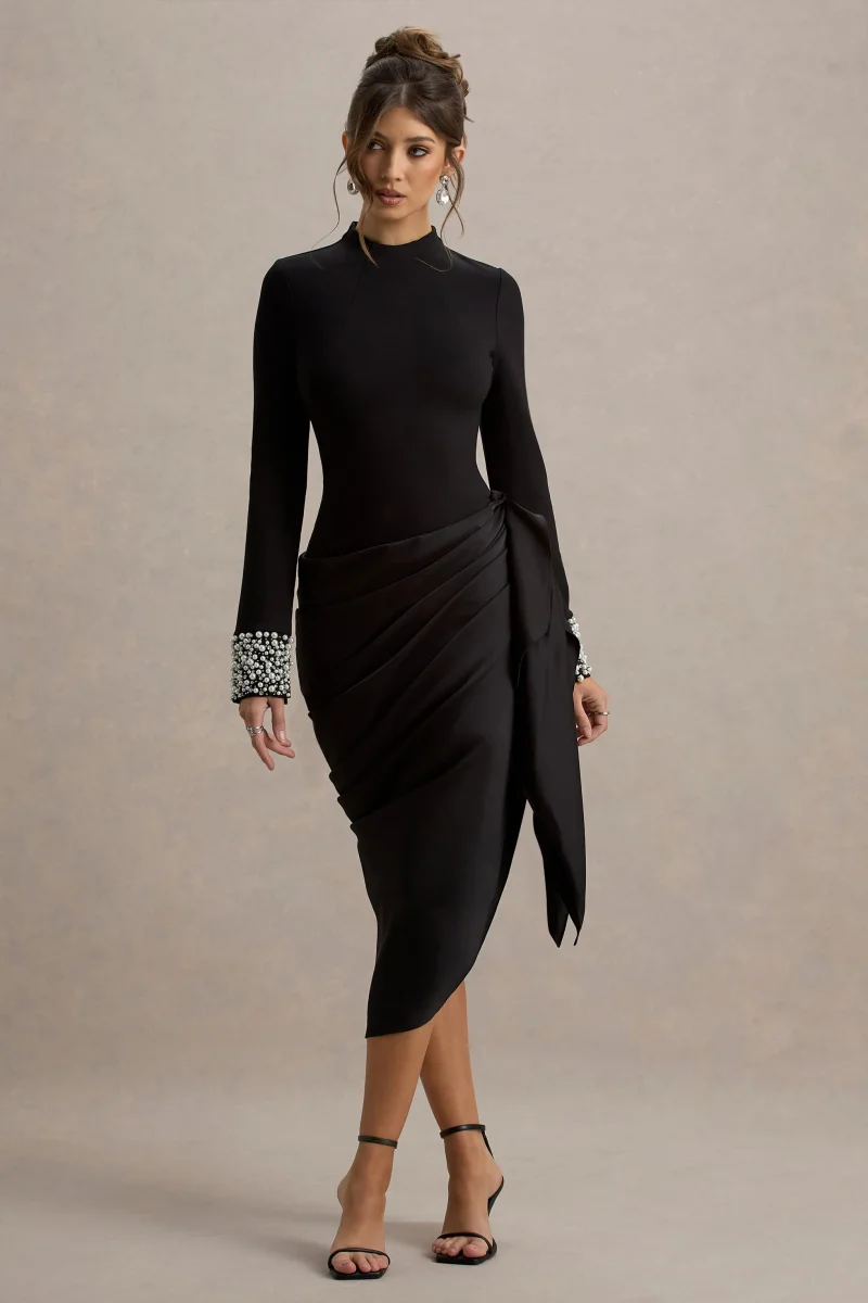 Luanna | Vestido Midi Negro de Satén con Mangas Largas y Falda Drapada