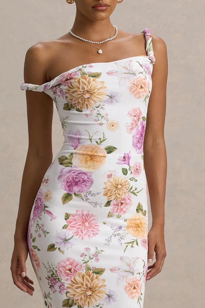 Nora | Vestido midi ajustado con escote asimétrico con detalle torcido con estampado floral - Imagen 4