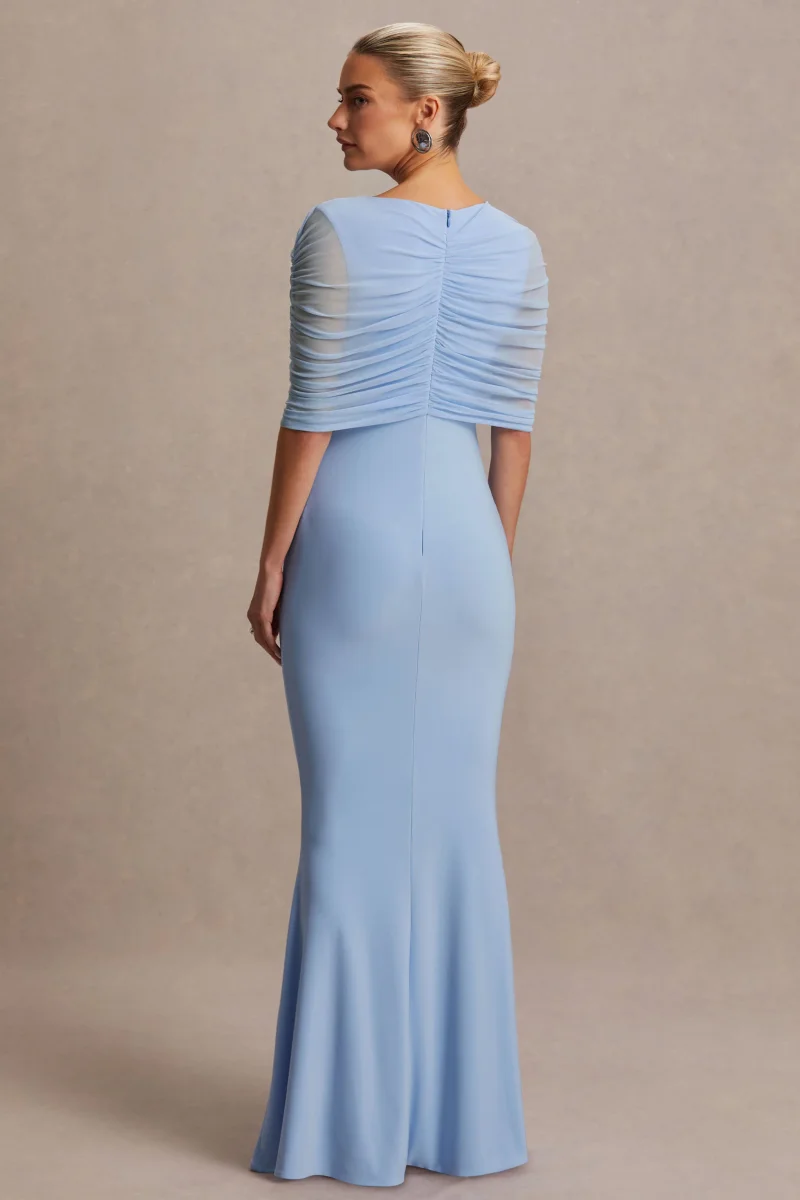 Zaria | Vestido Largo Azul Polvo con Escote Redondo y Capa Superpuesta - Imagen 3