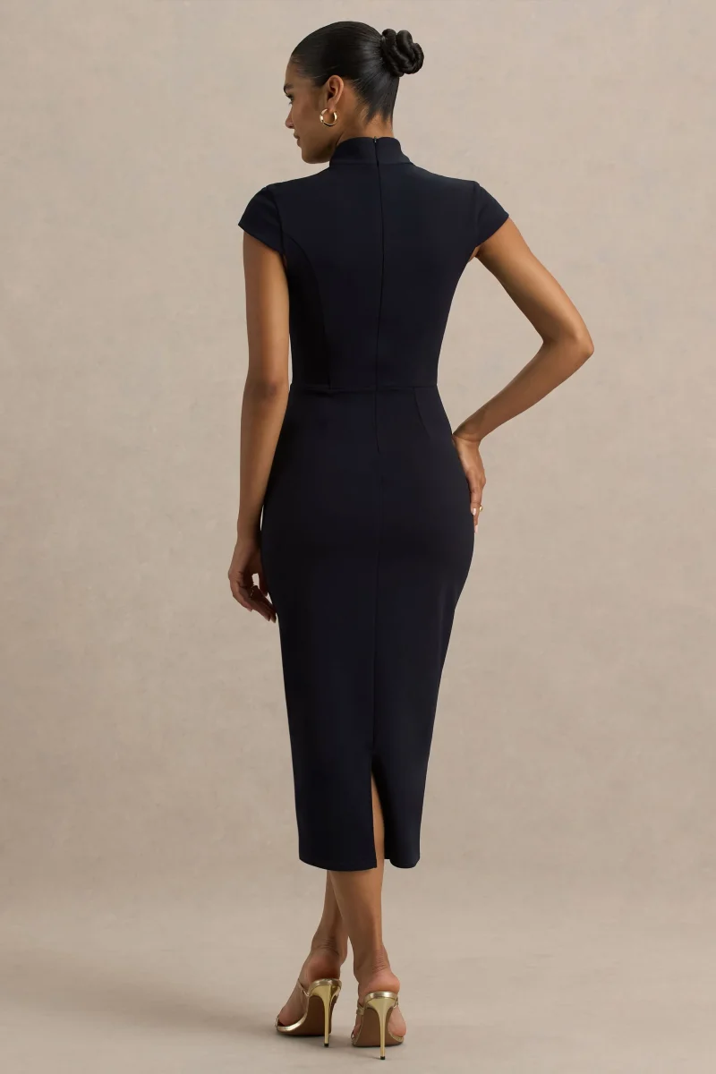 Elsie | Vestido Midi Azul Marino con Escote Recortado y Mangas Cortas - Imagen 3