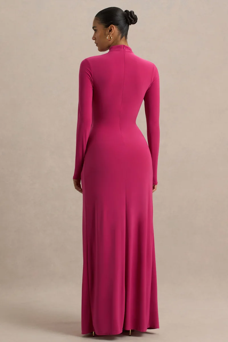 Hourglass | Vestido Largo Fucsia de Manga Larga con Escote alto, Detalle Cruzado en la Cintura y Abertura Frontal - Imagen 3