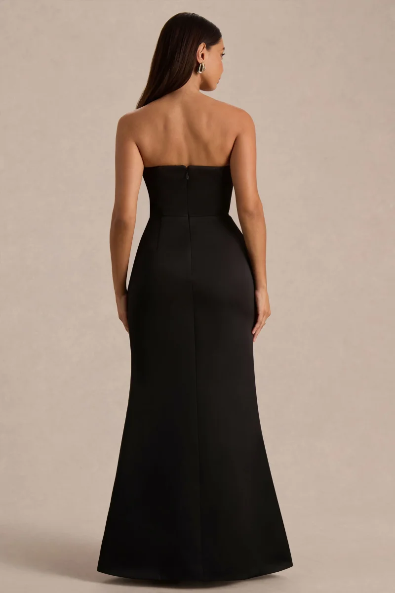 Sonata | Vestido Largo Negro de Satén con Escote Bandeau y Falda Tulipán - Imagen 3
