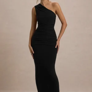 Dalarie | Vestido Largo en negro con fruncido y escote asimétrico