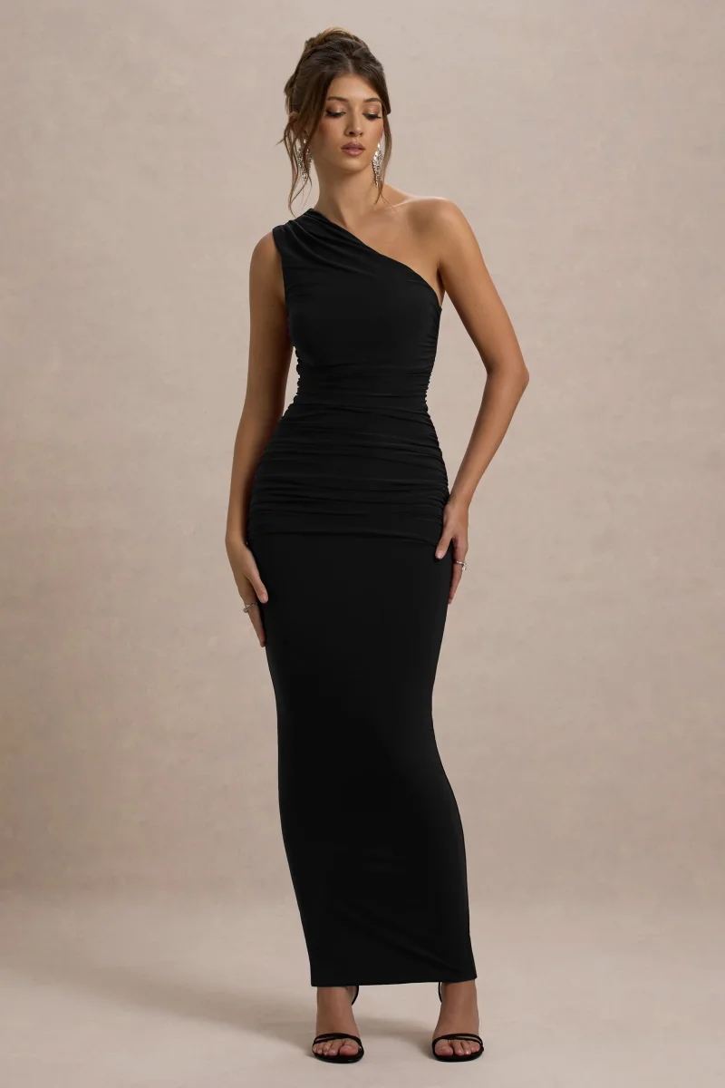 Dalarie | Vestido Largo en negro con fruncido y escote asimétrico - Imagen 2