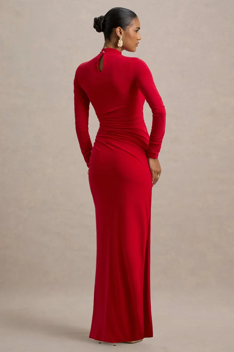 Alluring | Vestido largo Rojo de Cuello Alto con Detalles Fruncidos - Imagen 3