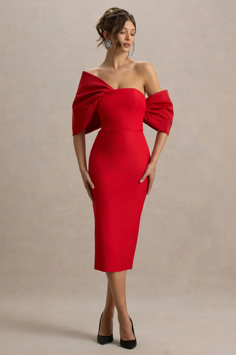 Lucille | Vestido midi rojo con escote bardot con detalle de lazo y mangas drapeadas - Imagen 3