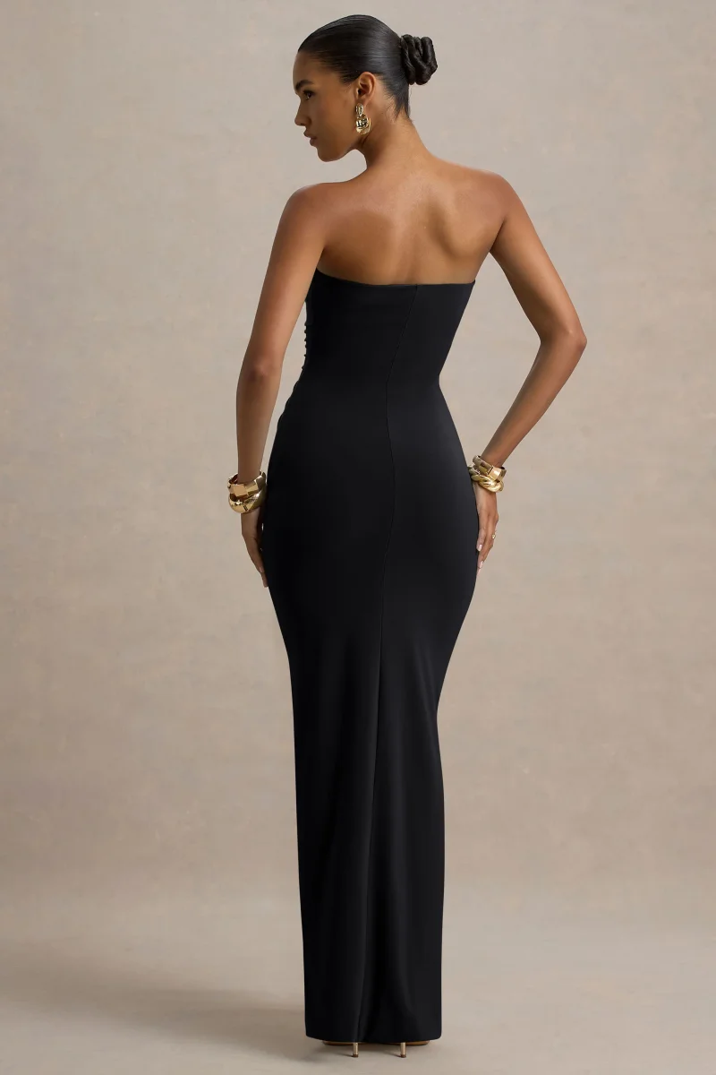 Ali | Vestido Largo Negro De Cuello Corazón Con Fruncidos Y Detalle De Faja - Imagen 3