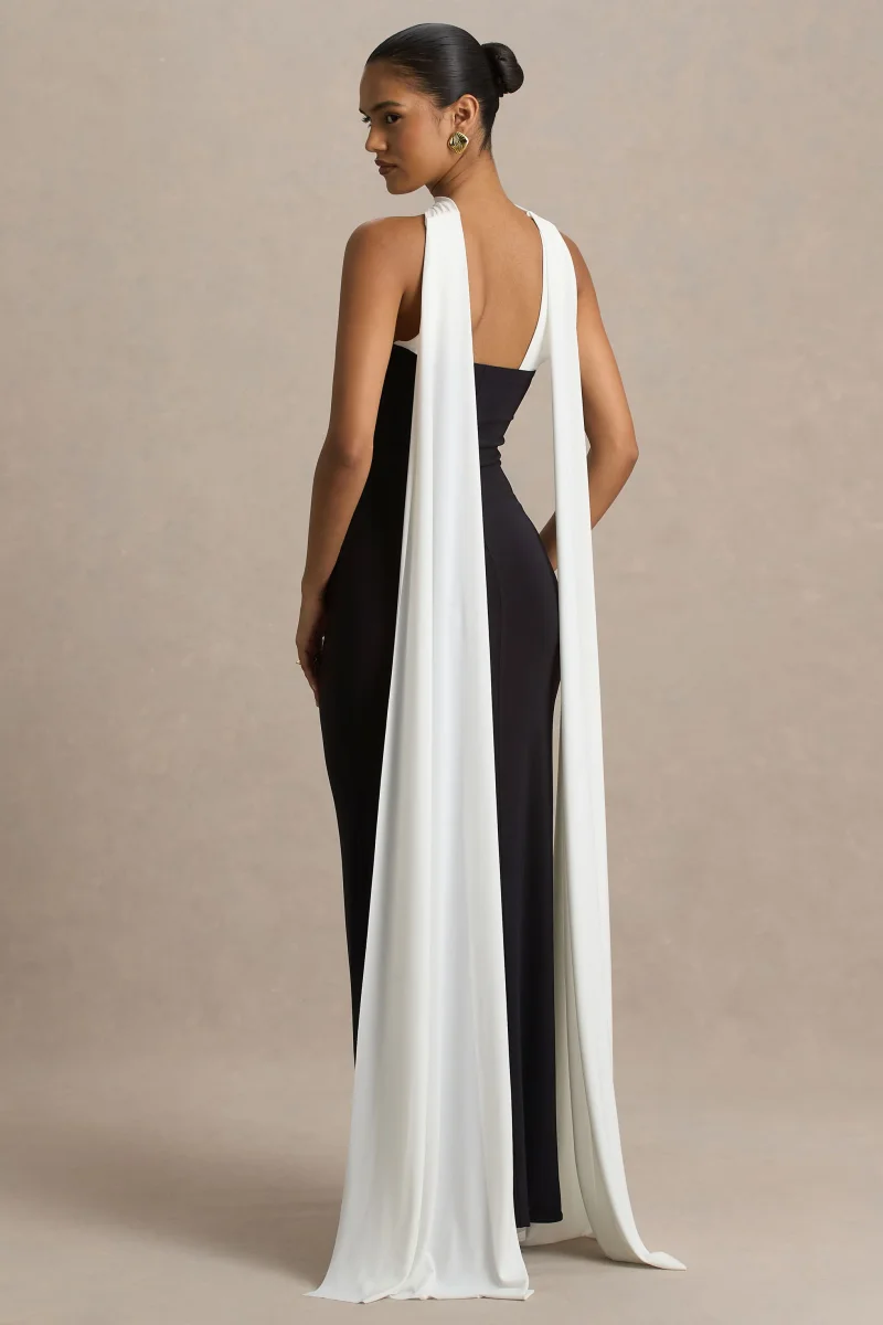 Kelilah | Vestido Largo negro y blanco con cuello bandeau y detalle de pañuelo - Imagen 3