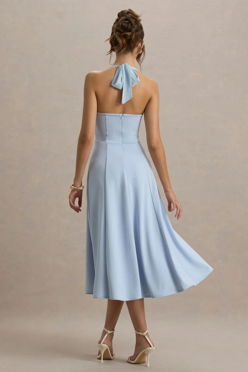 Auburn | Vestido midi azul bebé con escote halter de malla con lazo - Imagen 3