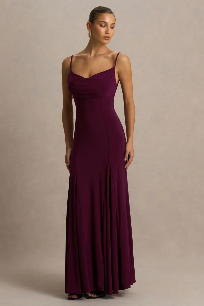 Gabbie | Vestido Largo Burdeos Con Escote Drapeado y Espalda De Malla - Imagen 4