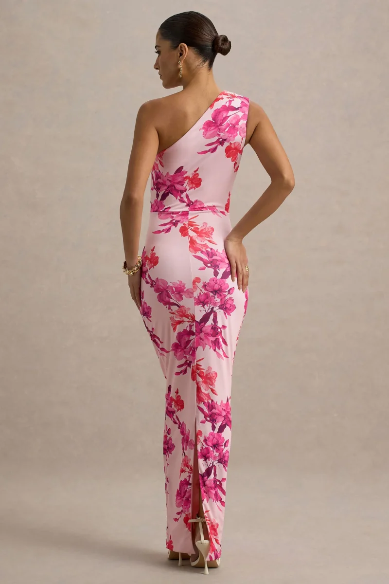 Dalarie | Vestido Largo Asimétrico con fruncido y Estampado Floral en Rosa y Naranja - Imagen 3