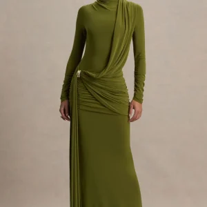 Melissa | Elegante Vestido Largo Oliva de Escote Alto con Detalles Drapeados y Fajín