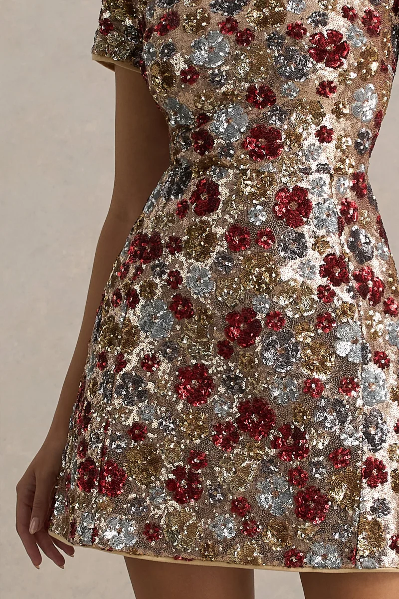 Eira | Vestido corto rojo de lentejuelas con estampado floral y escote redondo - Imagen 7