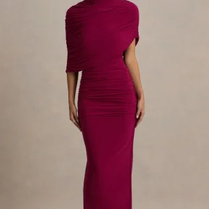 Glitz | Vestido largo en Burdeos con Escote Alto, Manga Capa y Detalles Fruncidos