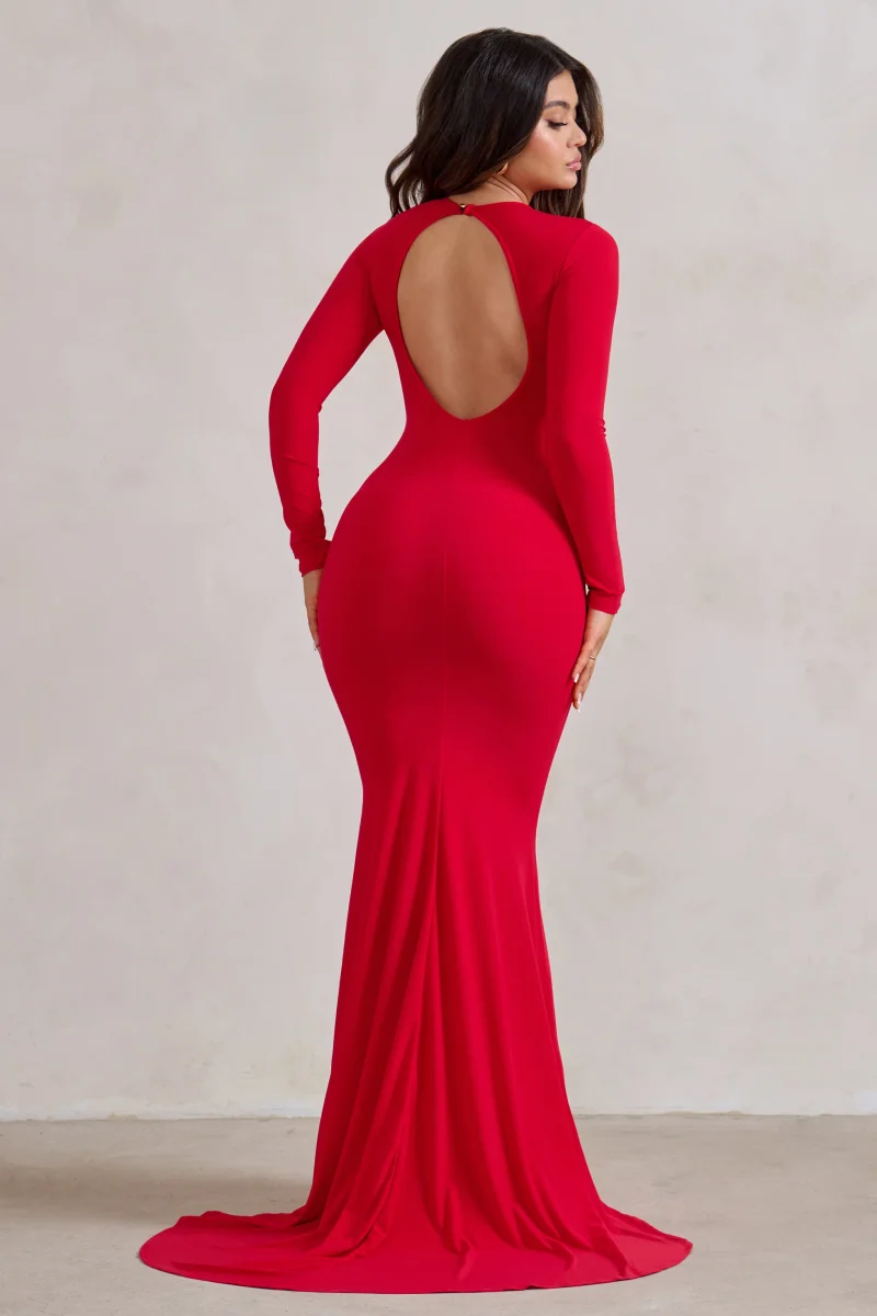 One Step Ahead | Vestido Largo Rojo de Manga Larga Abertura en Espalda y corte Sirena - Imagen 3