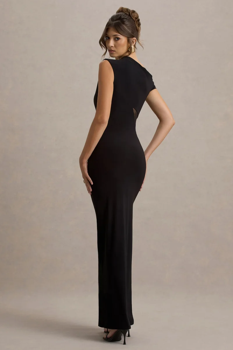 Emily | Vestido largo Negro Asimétrico con Abertura y Detalles de Malla - Imagen 3
