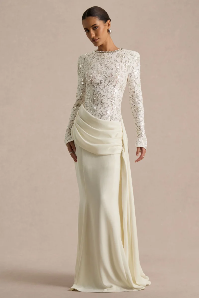 Beau | Vestido Largo de encaje crudo con escote alto y detalle drapeado - Imagen 6