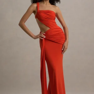 Giovanna | Vestido largo naranja con detalles cut out y fruncidos