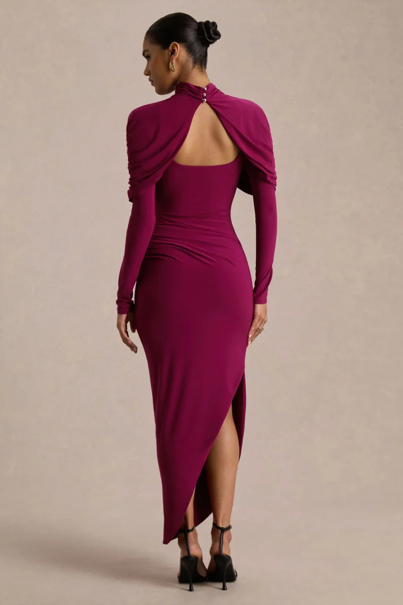 Aneira | Vestido largo burdeos de cuello alto con mangas capa - Imagen 3