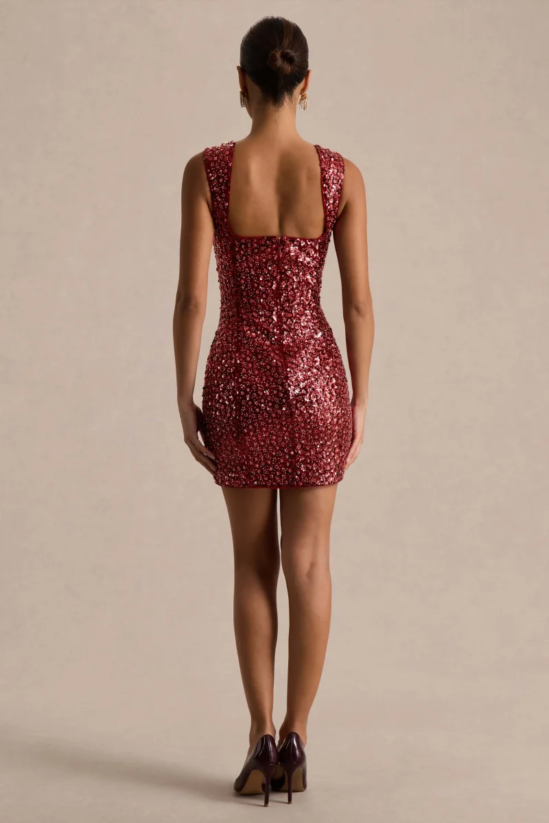 Elettra | Vestido Corto de Lentejuelas Burdeos con Escote Cuadrado - Imagen 3