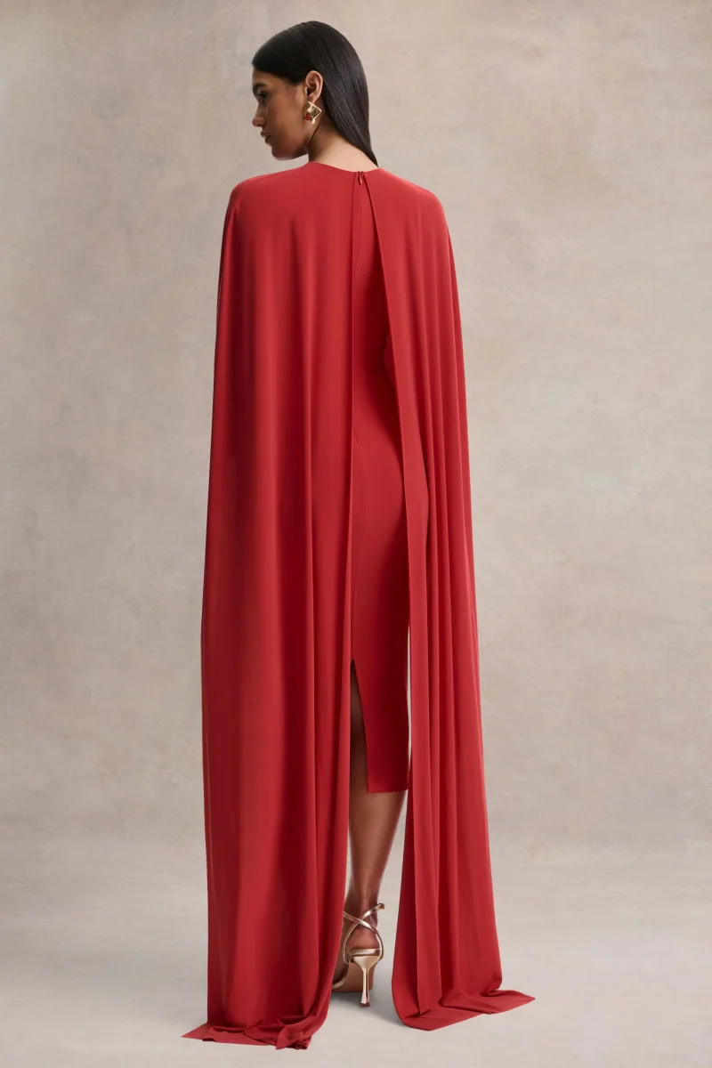 Kalani | Vestido Midi Rojo con Cuello Redondo y Mangas Tipo Capa - Imagen 3