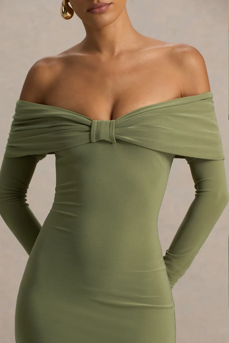 Spark | Vestido Midi Oliva Con Escote Bardot Y Detalle De Lazo - Imagen 6