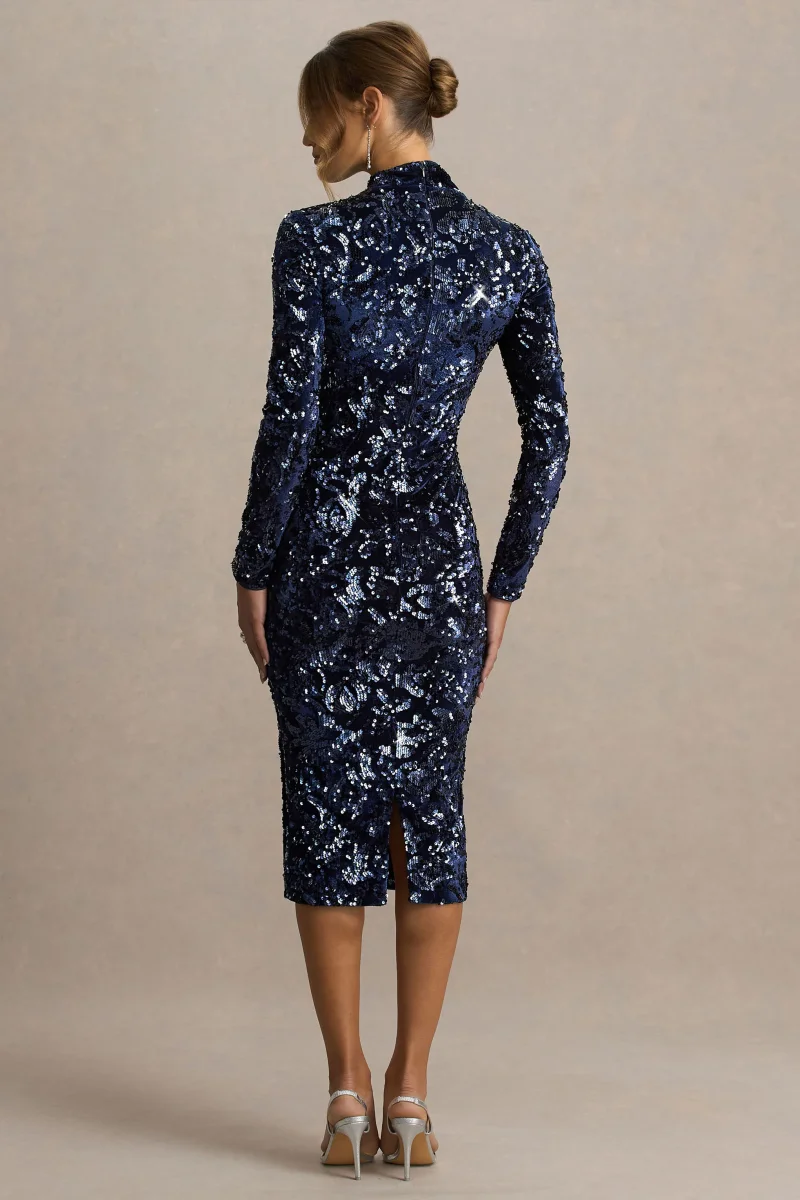 Alanita | Vestido midi azul marino de terciopelo y lentejuelas con cuello alto y mangas largas - Imagen 3