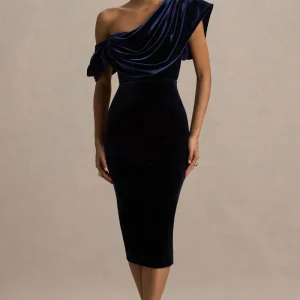 High End | Vestido midi de terciopelo azul marino con escote asimétrico drapeado