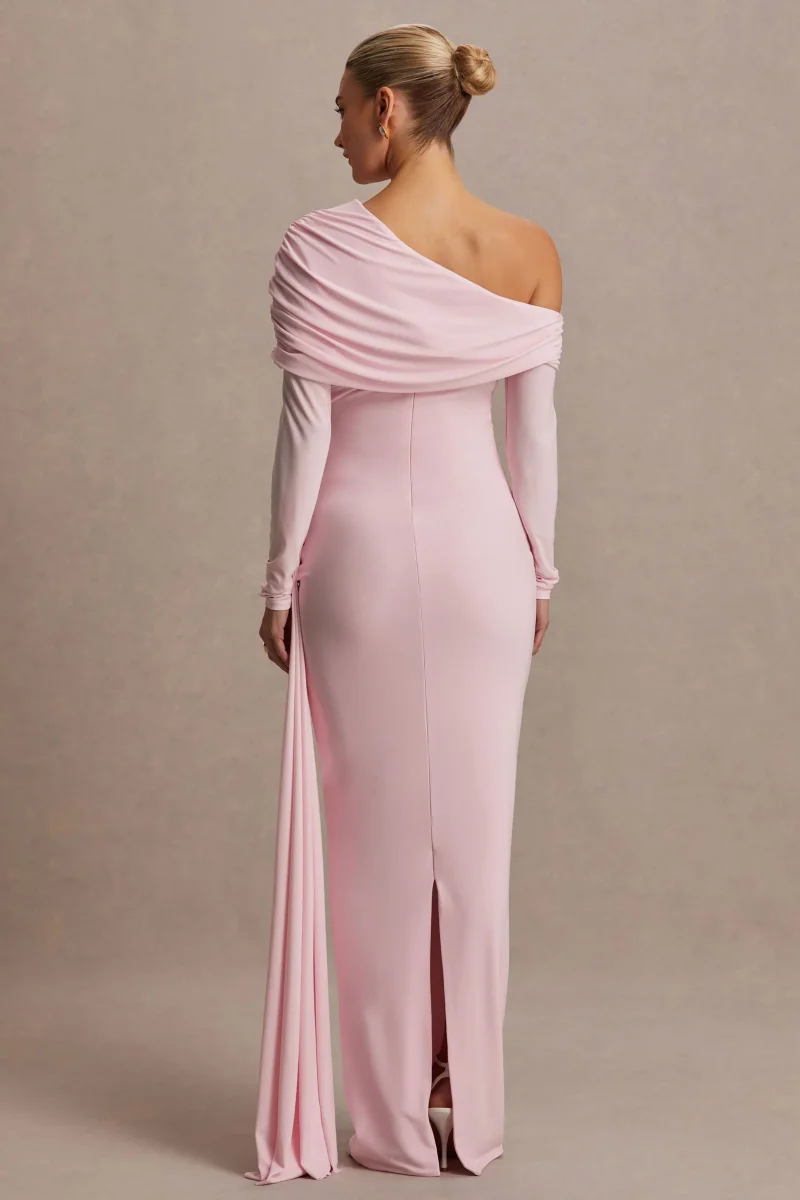 Amara | Vestido Largo Premamá Rosa Empolvado con Escote Asimétrico y Detalle de Fajín - Imagen 3