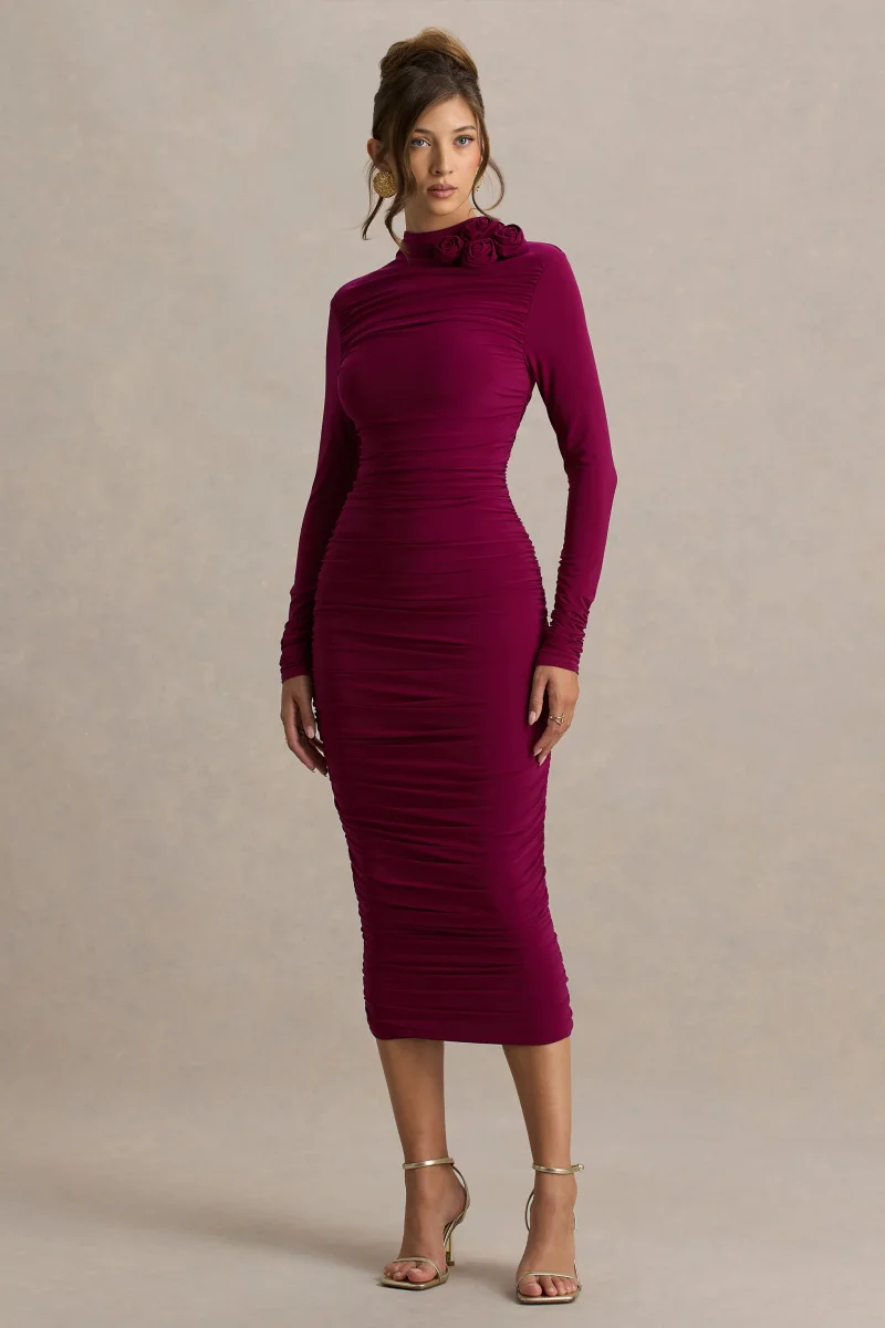 Tamara | Vestido Midi Burdeos de Manga Larga con Fruncidos - Imagen 5