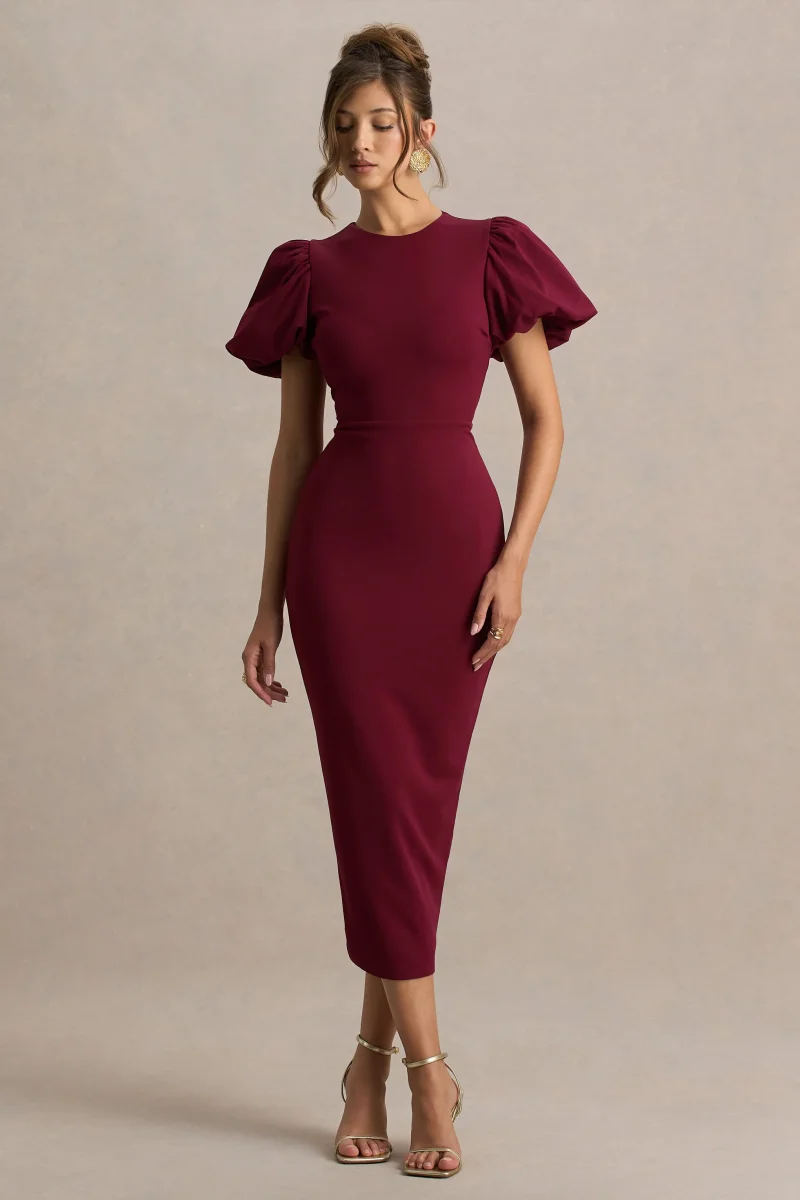 Dakota | Vestido Midi Burdeos De Manga Abullonada - Imagen 4