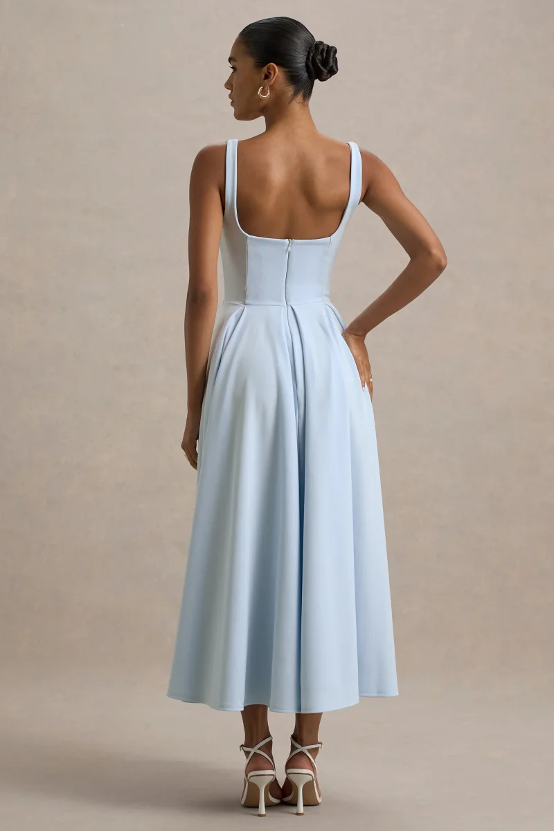 Parina | Vestido midi azul claro con escote cuadrado y falda voluminosa - Imagen 3