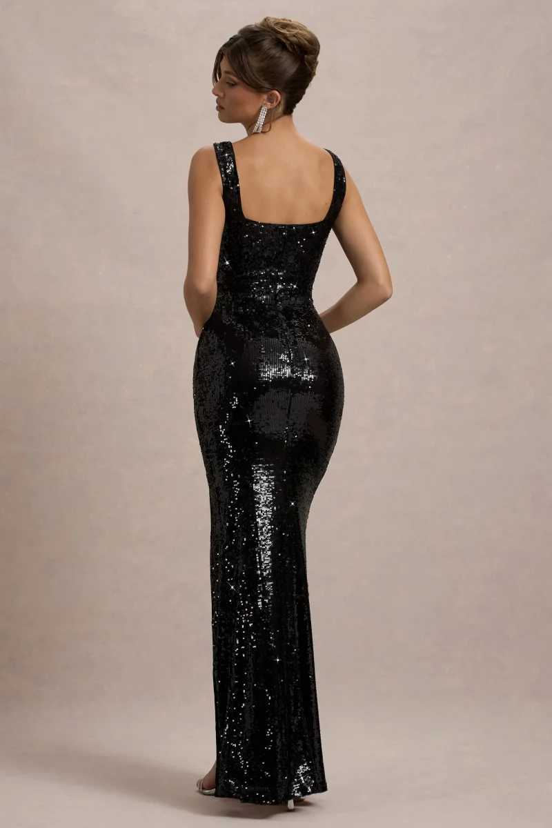 High Life | Vestido Largo Negro de Lentejuelas con Escote Cuadrado y Abertura Lateral - Imagen 3