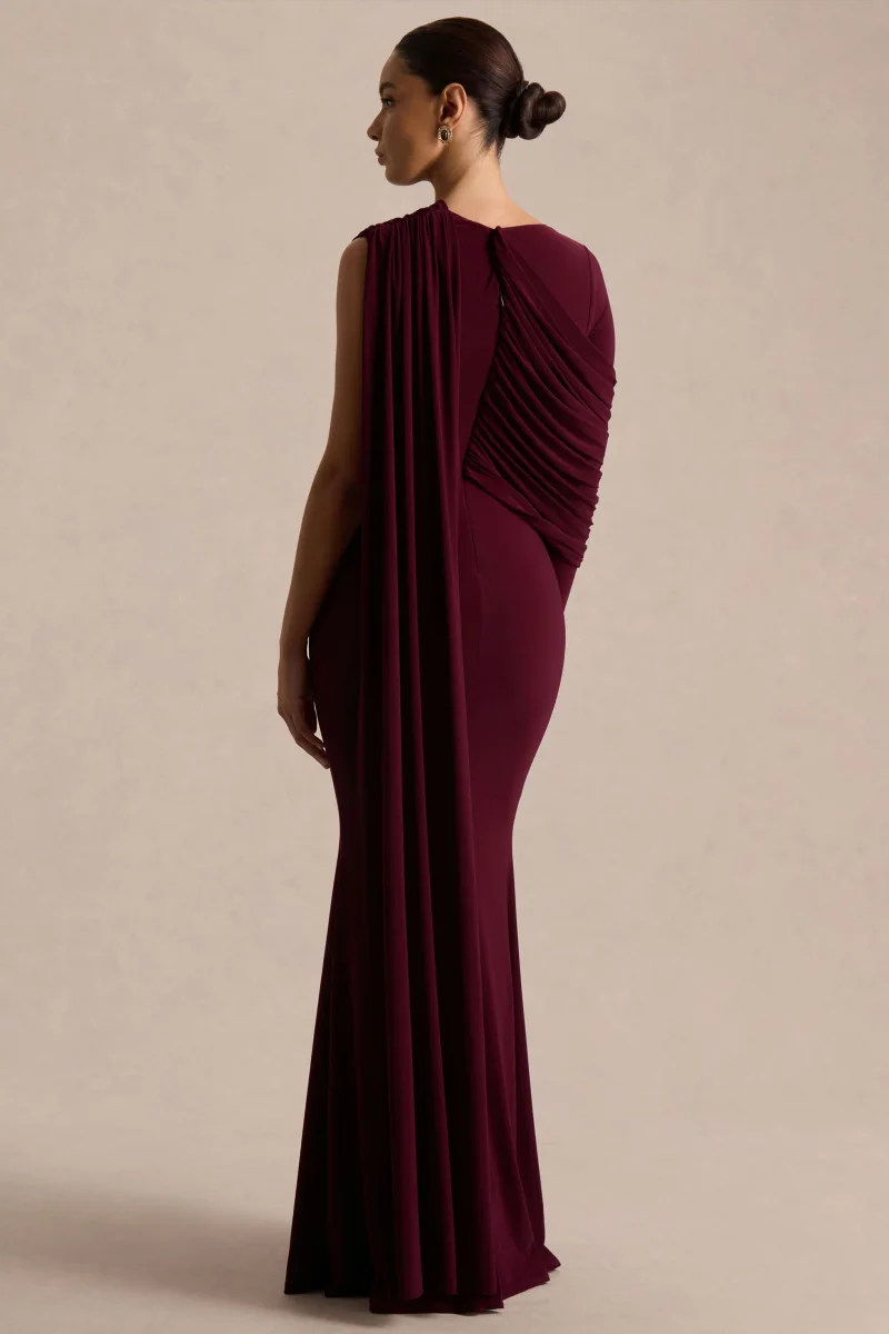 Rubelle | Vestido Largo Burdeos de Escote Asimétrico con Detalle Drapeado - Imagen 3