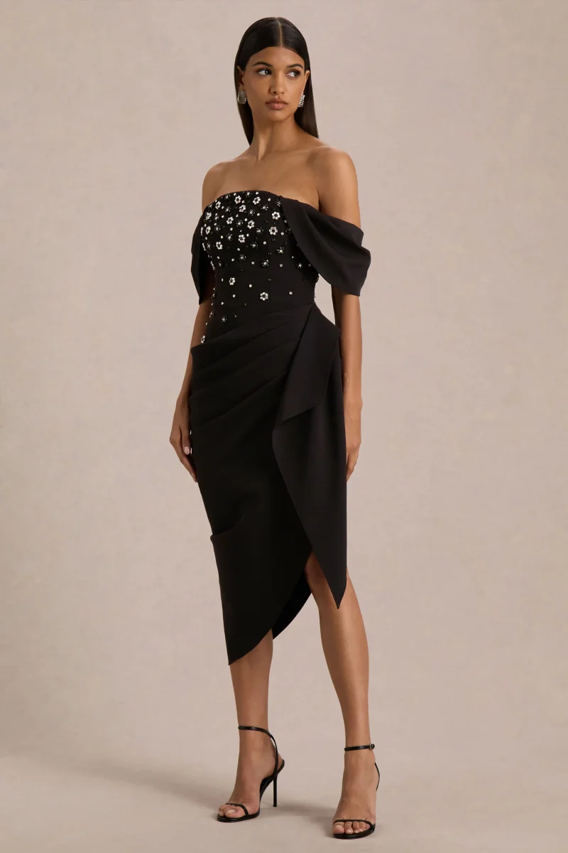 Sylvia | Vestido Midi Negro con Escote Bardot, Bordado y Falda Envolvente Drapeada - Imagen 5