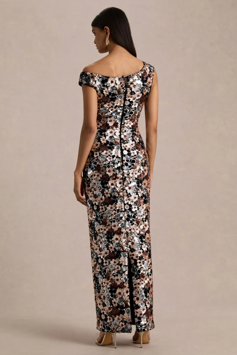Electric | Vestido Largo de Terciopelo Negro con Lentejuelas Florales y Escote Asimétrico - Imagen 3