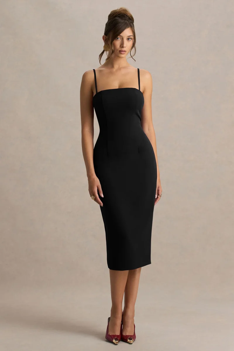 Baylor | Vestido Midi Negro Con Capa Corta Desmontable - Imagen 6