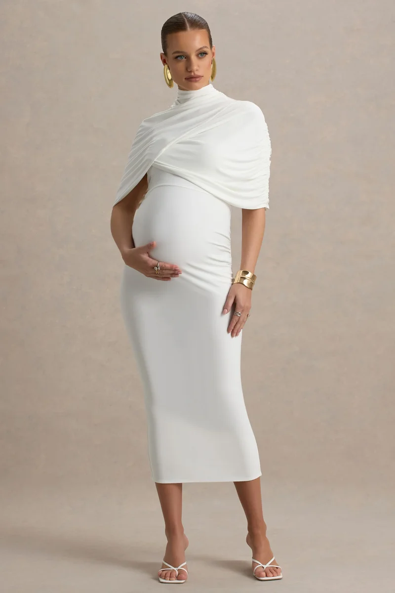 Augustina | Vestido midi premamá blanco con detalle de capa - Imagen 6