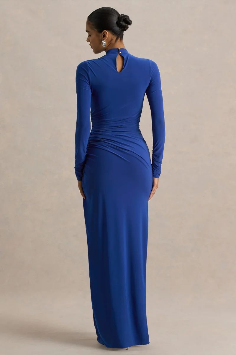 Alluring | Vestido largo en Azul cobalto de Cuello Alto con Detalles Fruncidos - Imagen 3