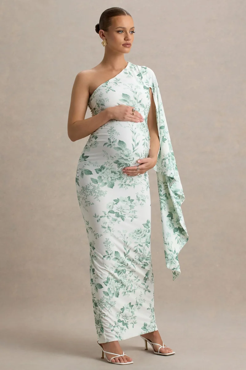 Aliana | Vestido largo premamá con una manga larga y estampado floral verdoso - Imagen 6