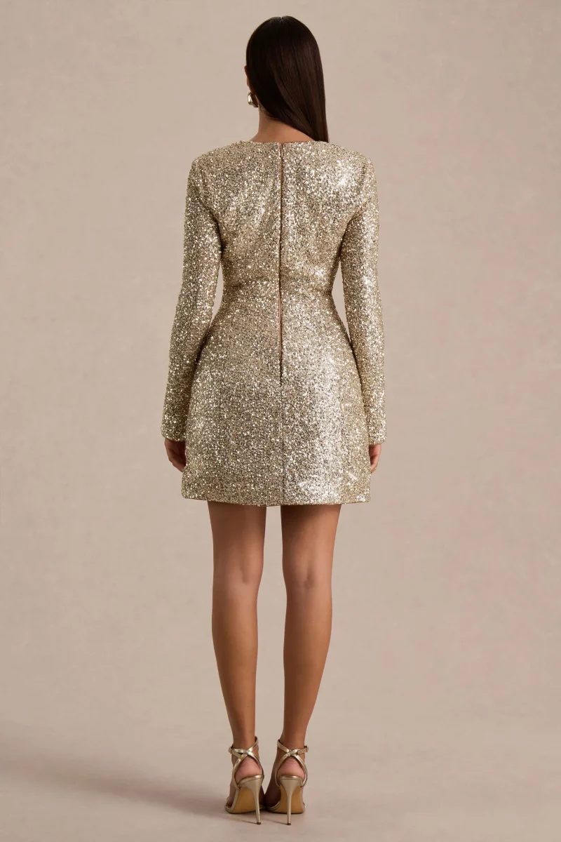 Invite | Vestido corto dorado de lentejuelas con escote cuadrado - Imagen 3