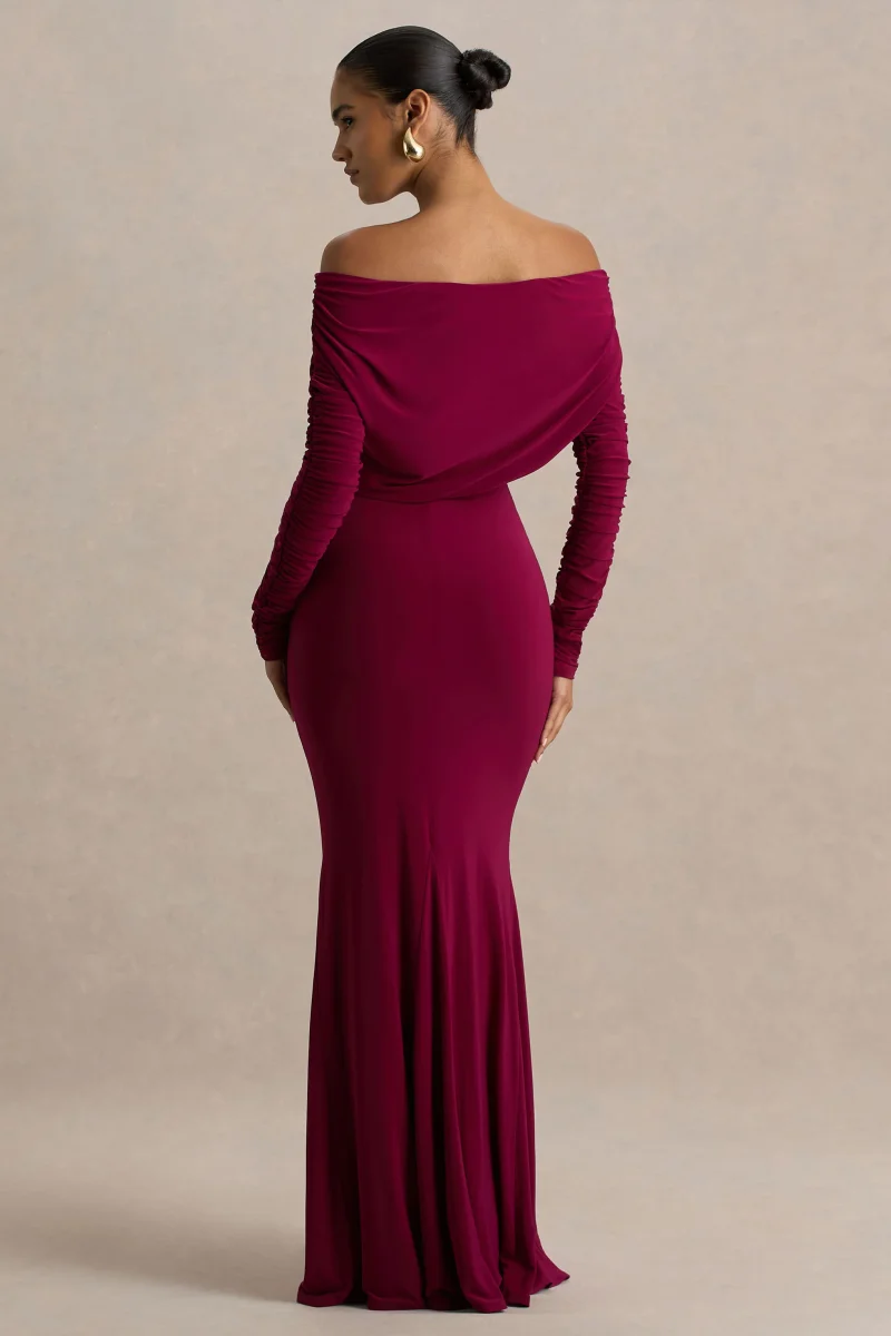Cilla | Vestido Largo Burdeos Con Escote Bardot y Fruncido - Imagen 3