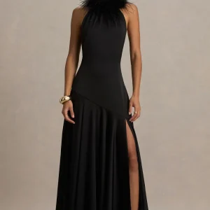 Jemima | Vestido largo de satén negro con cuello halter y detalle de plumas