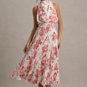 Nila | Vestido midi con estampado floral en colores crema y escote con caída