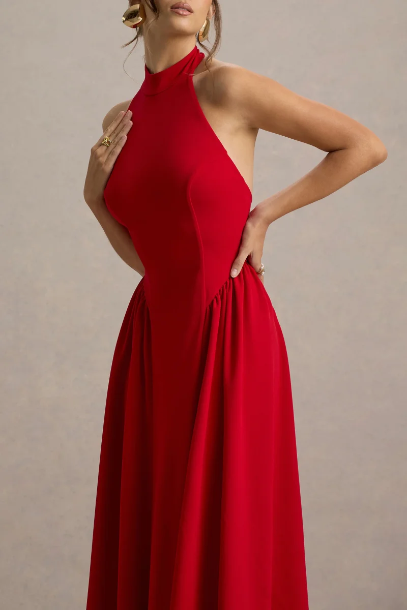Cynthia | Vestido largo Rojo con Escote Alto y Falda Voluminosa - Imagen 4