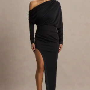 Olivia | Vestido Largo Negro de Escote Asimétrico con Detalle Fruncido y Abertura Frontal