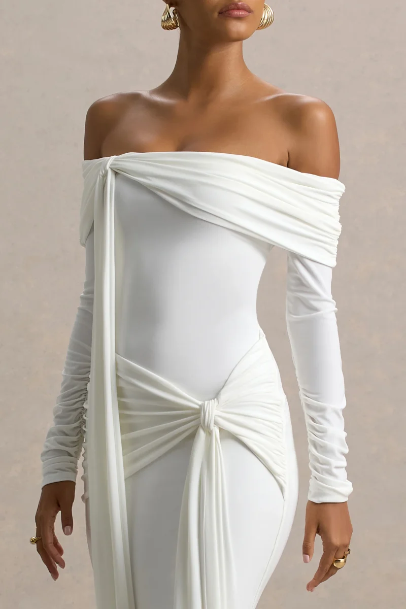 Jovie | Vestido largo blanco entallado con detalles de nudo y drapeado - Imagen 5