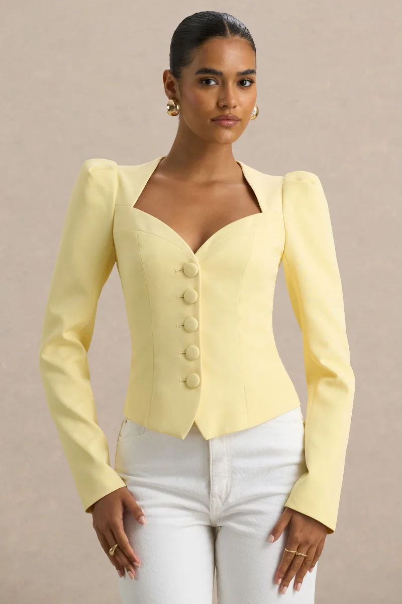 Olympia | Top de manga larga amarillo con escote corazón y detalle de botones forrados - Imagen 6
