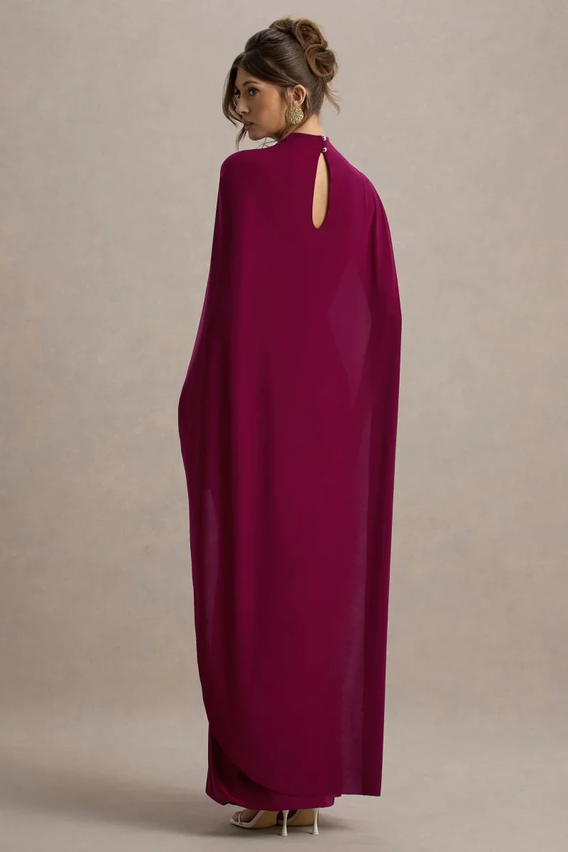 Maeve | Vestido largo en Burdeos con Manga Capa Drapeada - Imagen 3