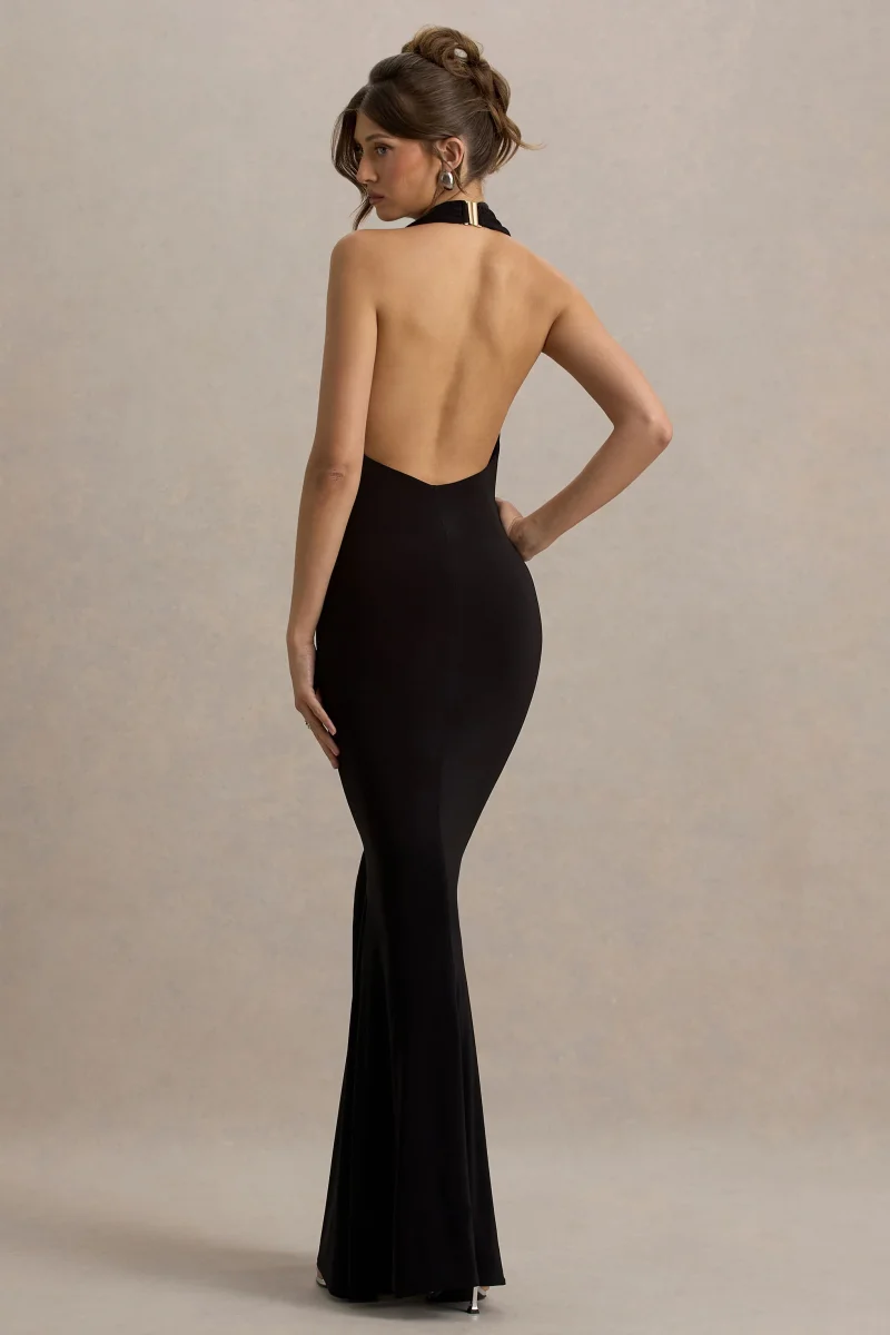 Milani | Vestido largo negro con escote drapeado y corte sirena espalda descubierta - Imagen 3